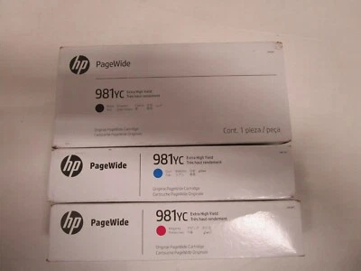 GENUINE HP PageWide 981YC High Yield BLACK, CYAN & MAGENTA INKs Exp 2025-26 NEW - Image 1 of 4