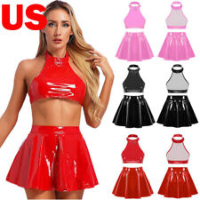 US Women's Shiny Wetlook PVC Leather 2 Piece Crop Tops with Skirt Set Clubwear