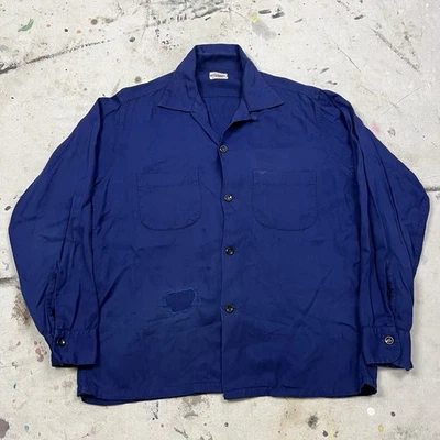 Vintage 50s Penneys Gabardine Rayon Loop Collar Button Up Shirt Men M Rockabilly - Image 1 of 4