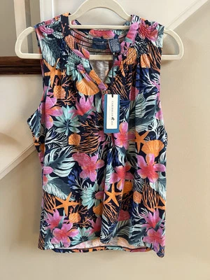 Новый с Ярлыками Caribbean Joe женщины Майка синий цветочный тропический топ блузка маленький - Изображение 1 из 4