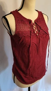 ☆Vintage Y2K☆ Crochet Lace Up Tank Top Berry/Burgundy Rayon XS-S NO BOUNDARIES  - Picture 1 of 9