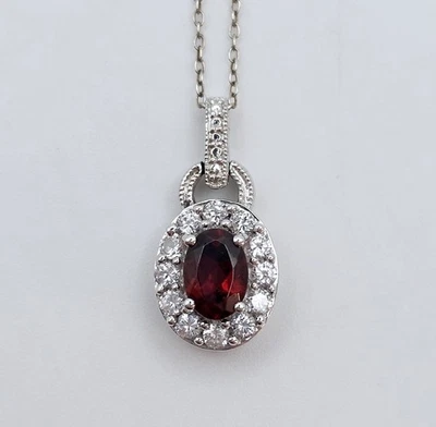 Vintage Sterling Silver Ruby Cubic Zirconia Pendant Necklace Ornate Art Deco Red - Image 1 of 4