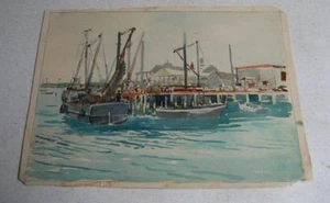 AUFGELISTET NEW ENGLAND MENSCHEN AUF DEN DOCKS BOOTE GEMÄLDE - Bild 1 von 1