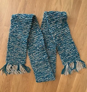 Hand Knit Scarf New Turquoise Green & Cream Extra Warm & Long 6’ X 5” - Picture 1 of 6