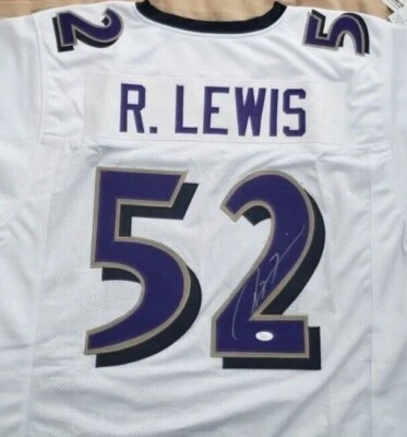 RAY LEWIS *SILVER INK* Signed Replica Jersey Baltimore Ravens Colors JSA - Image 1 of 4