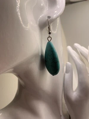 Natural Turquoise Stone Teardrop Dangle Earrings Hook Earrings. Handmade - Image 1 of 4