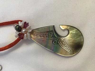 Hand Carved Abalone fish hook and pearl necklace on a silk cord maori - Image 1 of 4