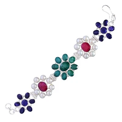 Lab Created Ruby Emerald Sapphire Gemstone Pearl 925 Silver Bracelet Jewelry NEW - Image 1 of 3