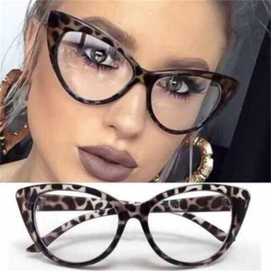 Womens Leopard Hot Fashion Clear Lense Nerd Geek Glasses Retro Cat Eye Style - Picture 1 of 7