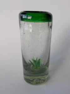 Hand Blown Tequila Shot Glass 4" Tall Clear Glass Green Rim Agave Bottom Finial - Picture 1 of 2