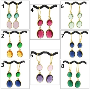 Oval Shape Hydro Quartz 24k Gold Plated Bezel Setting Drop Dangle Hook Earrings - Picture 1 of 16