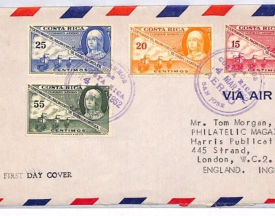 COSTA RICA Air Mail FDC Isabel la Católica San Jose GB London 1952 YV124 - Image 1 of 4