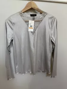 Jessica Simpson Silver Long Sleeve Top with Lace Detail Size S NWT - Picture 1 of 5