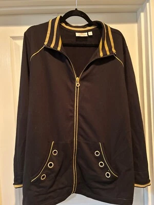 Quacker Factory Jacket Knit Rhinestone Grommet Gold Trim Zip Up Black XL - Image 1 of 3