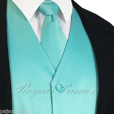 Turquoise XS - 6XL Solid Vest Waistcoat and Neck Tie Suit or Tuxedo Formal Prom - Image 1 of 4