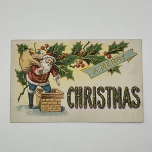 Geprägte Weihnachts Postkarte Weihnachtsmann blaue Hose Kamin mit Franklin Stempel - Bild 1 von 3