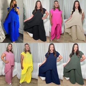 Womens Pleated Hi Lo Tracksuit Sleeveless Hi Low Dress Top & Trouser 2 Pcs Sets - Picture 1 of 10