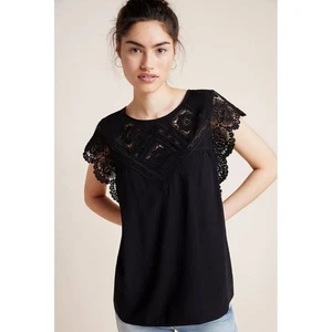 Anthropologie schwarz Spitzeneinsatz Top Bluse elegant Bohemian ärmellos - Bild 1 von 7