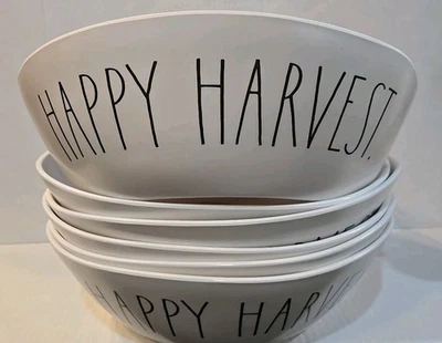 Rae Dunn Set of 6 White w/Black "Happy Harvest" Melamine Serving Bowls 12" Large - Image 1 of 4