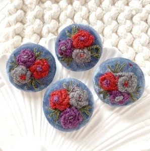 2pcs 28mm Navy blue flower embroidered velvet   fabric covered shank buttons - Picture 1 of 3