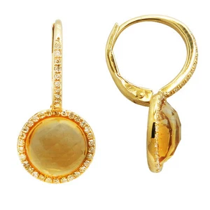 14K YELLOW GOLD PAVE DIAMOND & 3.63C CHECKERBOARD CITRINE DANGLE DROP EARRINGS - Picture 1 of 1
