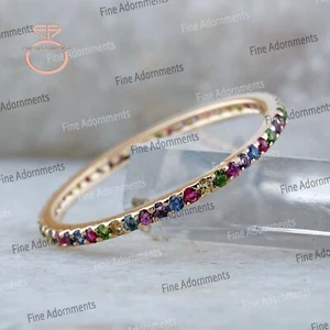Natural Multi Gemstone Eternity Ring 14k Yellow Gold Band Ring Dainty Jewelry - Picture 1 of 10