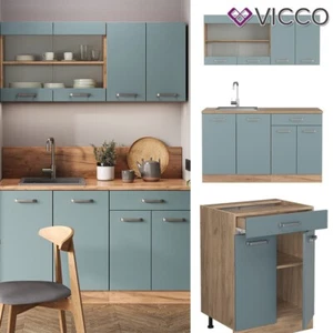 Küchenzeile R-Line Solid Eiche Blau Grau 140 cm modern Küchenschränke Vicco - Bild 1 von 7