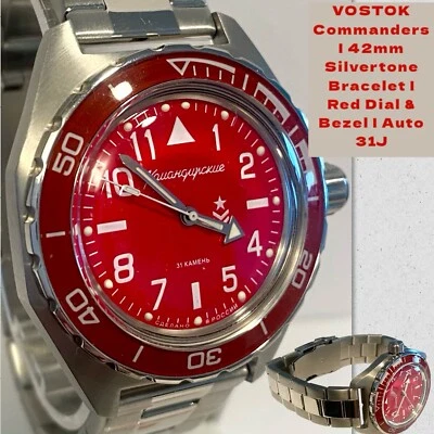 Reloj pulsera para hombre 42 mm VOSTOK COMMANDERS esfera roja y bisel automático 31J plateado Foto 1 de 4