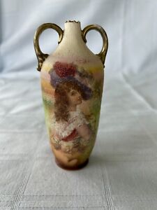 Vintage Tapestry Young Lady Hat Small Vase Handles Royal Bayreuth