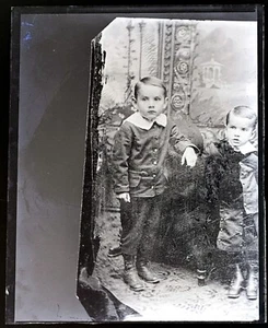 Antique Glass Negative 2 Young Boys Brothers Short Pants 5 x 4 in Crooked Photo - Picture 1 of 2