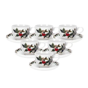 Portmeirion Christmas The Holly and Ivy Teacups and Saucers - Set of 6 - Picture 1 of 9