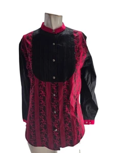 Wrangler Silver Lake Women's Shirt Medium Red Cotton Bib Floral Pleated Vintage - Imagen 1 de 8