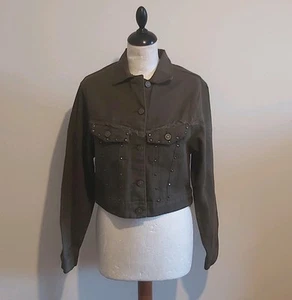 Bebe Plus Ladies Denim Style Jacket, Khaki Green, Studded, Size L , Brand New - Picture 1 of 4