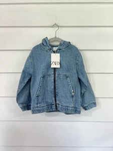 New ZARA Boy Girl Kids Blue Denim hoodie Zipper Pockets Jacket 4 5 years Y89A - Picture 1 of 18