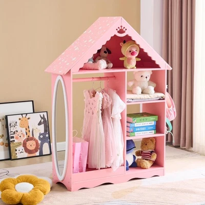 娃娃屋-孩子装扮存储带镜子公主开放式悬挂衣橱壁橱 — 第 1/4 张图片