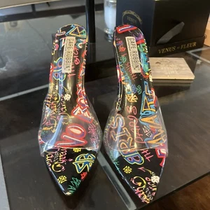 GRAFFITI OPEN TOE HEELS-MULTI COLOR-SZ 8.5 Pre-Owned-CAPE ROBBIN MELROSE - Picture 1 of 7