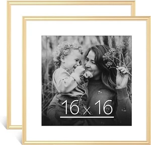 2 Pack Gold 16x16 Picture Frame - 16 X 16 Frame Matted To 12x12 -Plexi Glass - Picture 1 of 4