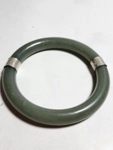 Vintage Chinese Jade With Sterling Silver Bracelet 8.5" - Picture 1 of 3