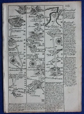 Mapa de ruta antiguo original HATFIELD, BALDOCK, ST NEOTS, OAKHAM, Bowen, c.1724 Foto 1 de 2