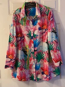 NEW Soft Surroundings Sz 2X Tunic Button Up Roll Up Long Sleeve Multi Tropical - Picture 1 of 12