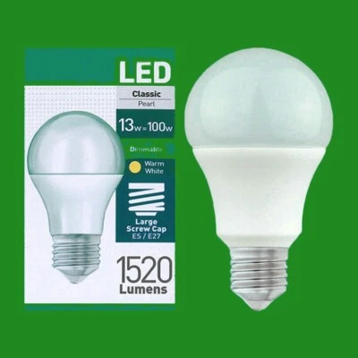 12x 13W= 100W Pearl Dimmable LED GLS Edison Screw ES E27 Warm White 2700k 1520lm - Image 1 of 3