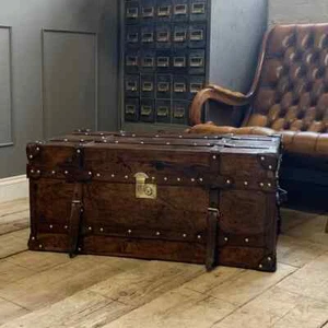 English Leather Coffee Table Trunk with Stylish Belted Design F Christmas Decor - Picture 1 of 10