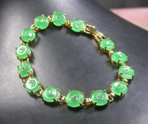 Brazalete de cuentas circulares de jade verde placa de oro imitación 100231 - Imagen 1 de 6
