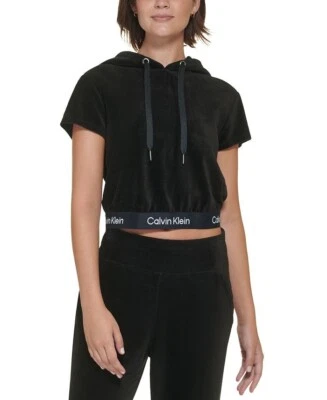 CALVIN KLEIN PERFORMANCE Sz XS Short-Sleeve Velour Logo-Waist Pullover Hoodie - Image 1 of 4