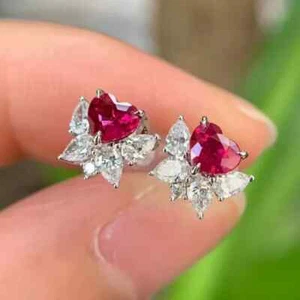 2Ct Heart Cut Lab Created Pink Ruby Women's Stud Earring 14K White Gold Plated - Picture 1 of 2