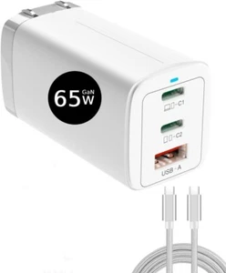 NEW 65W USB C Charger GaN Pro PD Fast Charge Foldable 3 Ports with USB C-C Cable - Picture 1 of 5