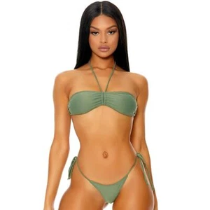 Halter Bikini Set Strappy Top Gathered Cups Thong Bottoms Sage 441407 XL - Picture 1 of 3