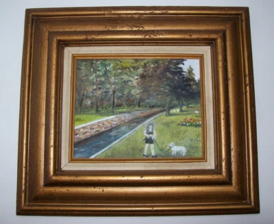 Pintura al óleo original de arte popular, mujer paseando perro por Creek, BERNIE KVAM, WI Foto 1 de 4