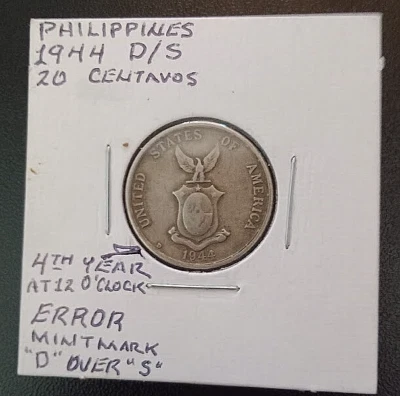 Error/Variety  Philippines 1944 D/S 20 Centavos  VERY HARD to FIND!!! - Image 1 of 4