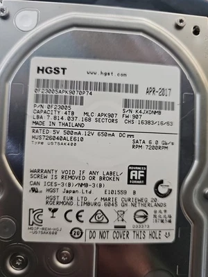 HUS726040ALE610 HGST 4TB 7.2K 6G LFF 128MB Cace 3.5" SATA Hard Drive.  #w52 - Image 1 of 3